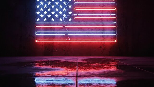 A dazzling neon flag artfully glows in patriotic red and blue, its vivid light reflecting on a wet, dark floor, embodying national pride and modern spirit