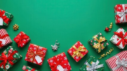 Brightly colored christmas gift boxes and playful festive elements scattered around vibrant emerald green surface leaving generous central copy area