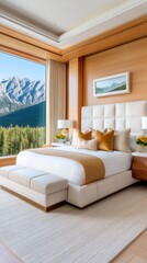 Opulent bedroom suite, centered large plush bed with oversized headboard, tall window view of majestic rocky mountains, soft morning light, luxurious textures