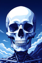 Stylized Blue Skull with Ribcage and Clouds skeleton