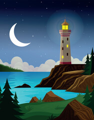 Night lighthouse on rocky coast under crescent moon