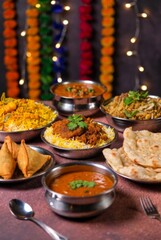 Festive table with traditional Indian cuisine dishes &mdash; ai