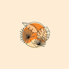 Minimalist Tropical Palm Leaf Logo in Orange Circle
