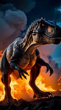 Ferocious Allosaurus dinosaur standing amidst blazing fires and smoky clouds in prehistoric era.