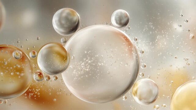 Hydronation concept. Abstract macro of oil and water bubbles, ideal for skincare, hydration, and cosmetic product advertising with a luxurious, scientific appeal