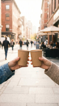 Urban coffee cheers in a busy city street setting