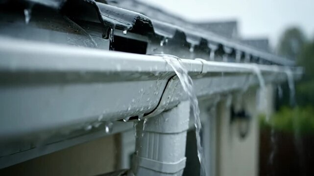 Raindrops Flowing from Gutters During a Heavy Rainfall Creating a Serene