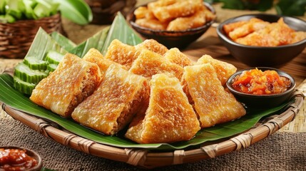 Golden-brown triangular fried pastries, served on a woven tray.  A spicy condiment is nearby