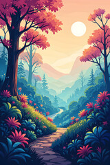 Vibrant Forest Landscape With Winding Path nature trees