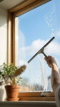 Window cleaning scene with squeegee and blue sky in background