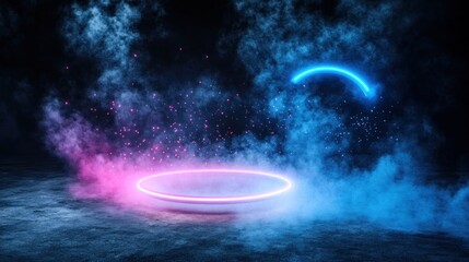 Neon ring platform, smoky, dark background