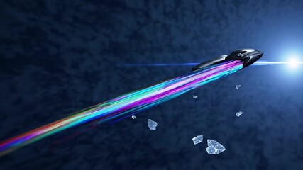 Fast colorful spaceship, Bright spacecraft rushing through cosmos, Sleek vessel streaks vibrant light across space, Elegant interceptor swiftly moves through dark universe with glowing trail