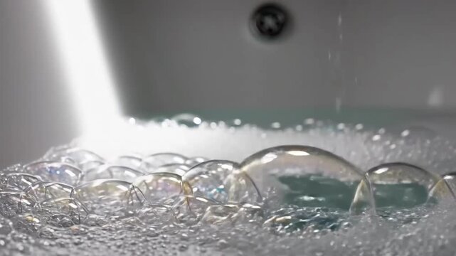 Soapy Splendor Bubbles Floating And Water Flowing Filling A Bathtub With Reflections