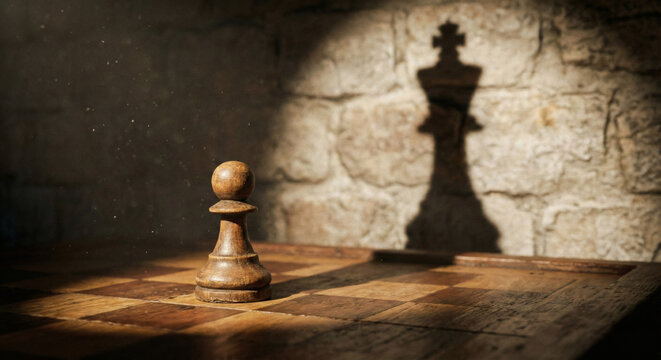 Conceptual composition of a small wooden chess pawn casting a shadow of a King on the wall