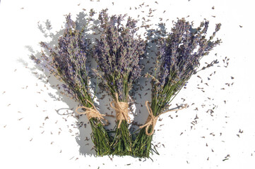 Three elegant bouquets of fresh lavender tied with jute on a light background with petals