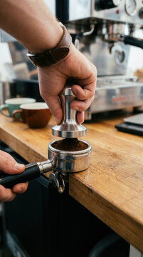 Coffee preparation with espresso tamper in cozy caf&eacute; setting