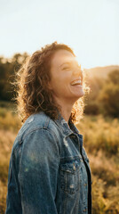Warm sunset joyful woman in denim jacket in nature