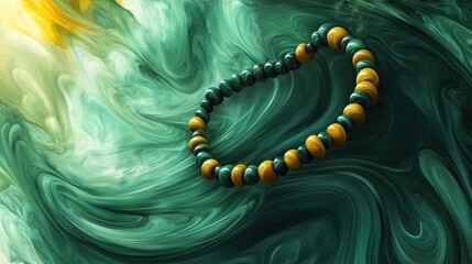 Yellow and green beaded bracelet on swirling teal and gold abstract background