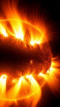 Energetic sun flares bursting from a burning star's surface in deep outer space, solar prominence and intense heat radiation illustration