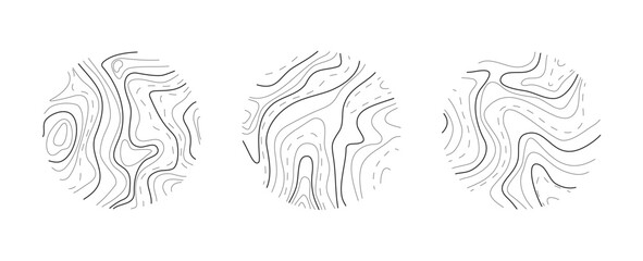 Abstract topographic map line background set . Circular wood rings logo set. Modern logo style terrain map illustration Wood section texture circles. Collection of vector patterns on white background