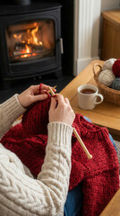 Cozy winter knitting by the fireplace with warm tea and wool yarn