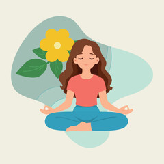 Woman Meditating in Lotus Pose with Flower, Flat Vector Illustration. Perfect for wellness projects, meditation apps, yoga studios