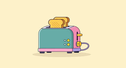 Retro toaster with toast on a pastel background.