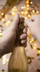 Celebration concept with champagne bottle and golden lights for festive occasions