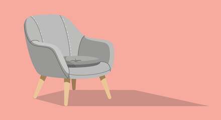 Modern gray armchair on a pink background with shadow