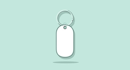 Blank oval keychain tag with a metal ring and shadow on a pastel background