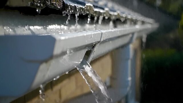 Close-up of rainwater flowing over a modern rain gutter system on a building