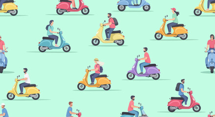 Seamless pattern of people riding colorful scooters.