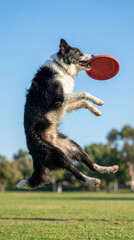 Energetic dog leaping in the air to catch frisbee in a sunny park setting