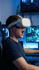 Young man experiencing virtual reality in gaming setup with exciting technology display