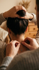 Romantic gesture of necklace jewelry gift during intimate moment