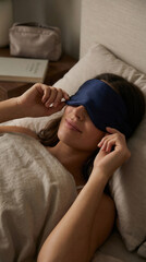 Woman relaxing with sleep mask in cozy bed for restful sleep and relaxation