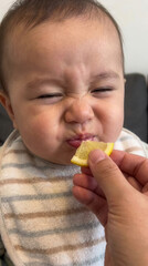Adorable baby making funny face while tasting sour lemon for the first time
