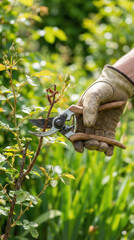 Gardener pruning rose bush with shears in lush green garden setting