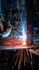 Industrial welding process with bright sparks in workshop for manufacturing and engineering