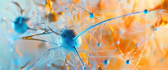 Complex blue neural network with glowing synapses and interconnected neurons, illustrating brain function, AI, data transfer, and advanced technology.