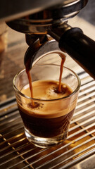 Fresh espresso coffee pouring from machine for morning energy boost