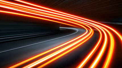 Long exposure light trails create dynamic patterns dark tunnel, showcasing vibrant red and white
