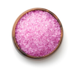 Pink aromatic bath salt in wooden bowl