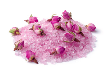Pile of pink aroma salt with rose buds