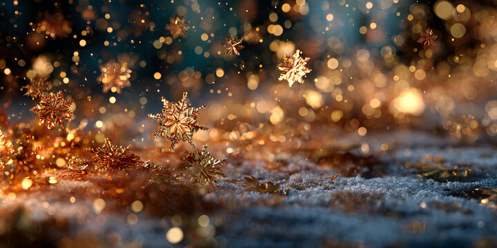 Vibrant ruby red holiday celebration with falling snowflakes and shimmering golden bokeh lights