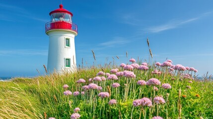 Lighthouse stands sentinel over a coastal meadow of wildflowers under a vibrant blue sky