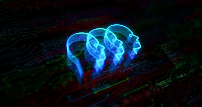 Artificial intelligence head ai colored symbol concept. Network, cyber technology and computer background abstract 3d animation.