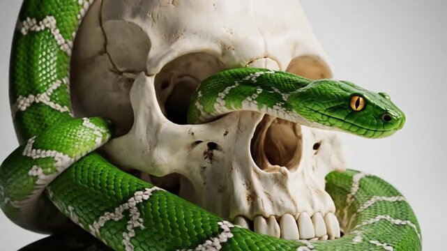 A striking close-up shows a vibrant green snake coiled around a human skull, creating a powerful and symbolic image of life and death