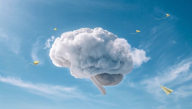 Surreal brain shaped cloud with flying paper airplanes in blue sky concept for creativity and imagination