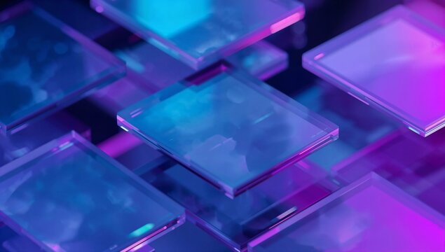 Abstract 3D glassmorphism background with floating frosted glass cards and neon blue magenta glow